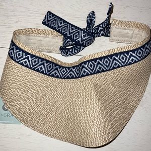 NWT Sea & Grass Tan Brown Jute Navy Blue Ribbon Summer Straw Hat Visor